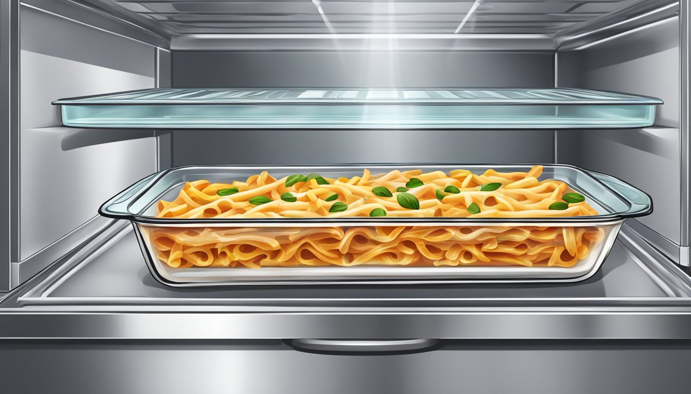 A glass baking dish of baked ziti covered with aluminum foil, placed in the center of a clean and organized refrigerator shelf