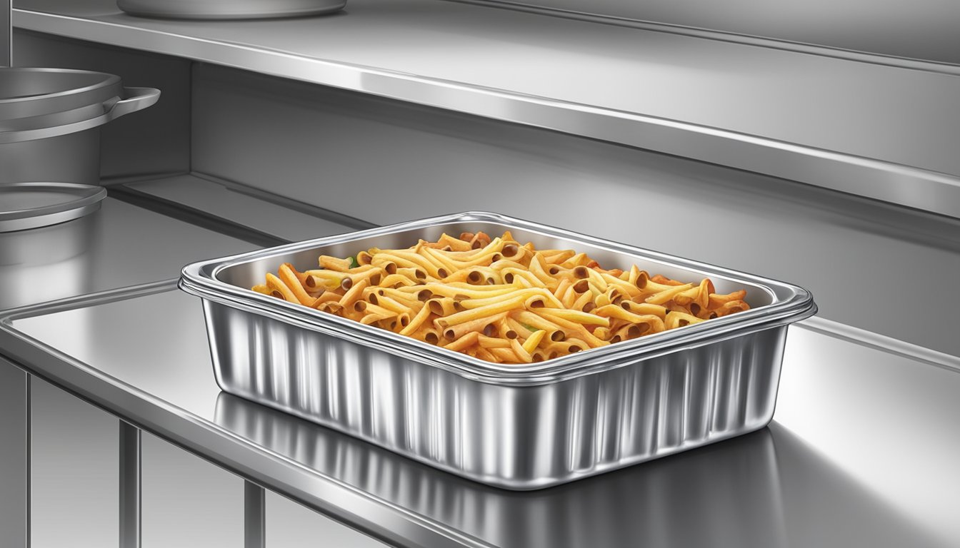 A freshly baked ziti dish is carefully covered with aluminum foil and placed in an airtight container. The container is then stored in the refrigerator to maximize the shelf life of the baked ziti