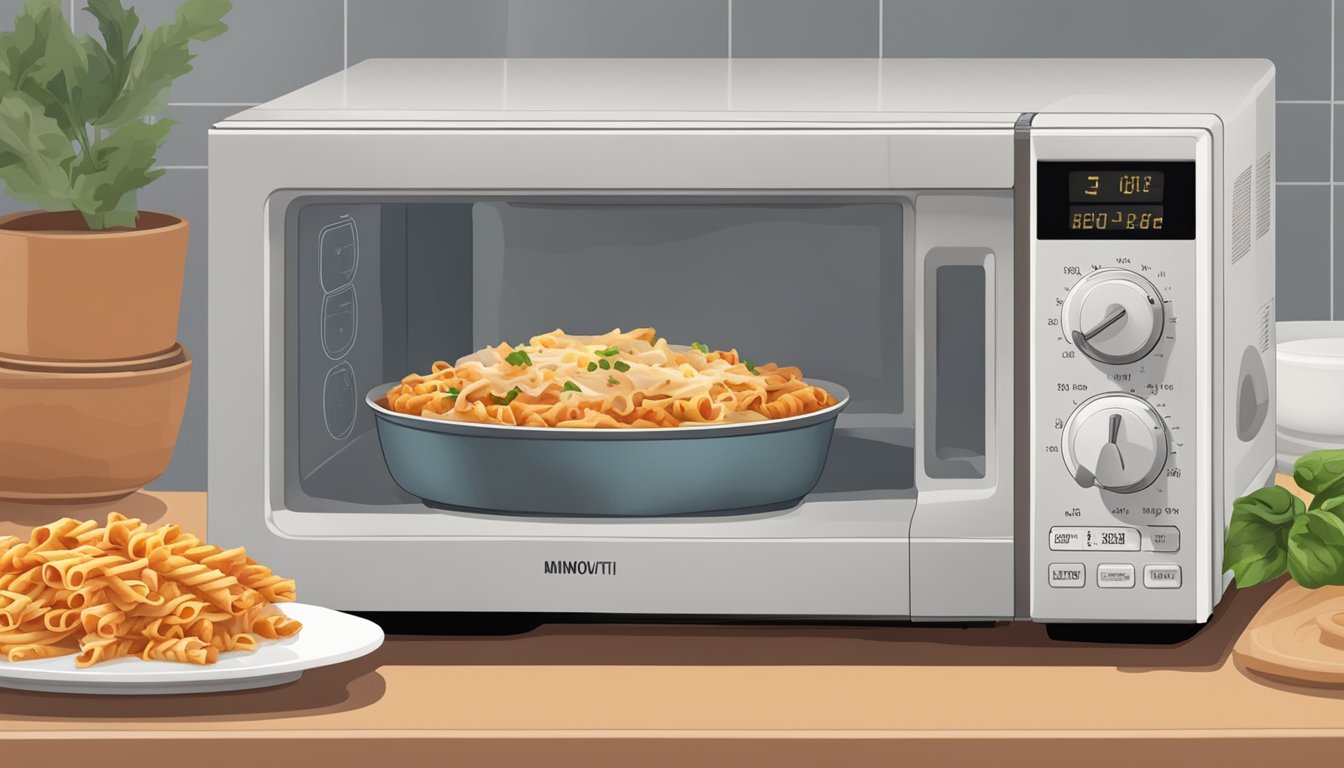 A microwave with a plate of baked ziti inside, a timer set for reheating