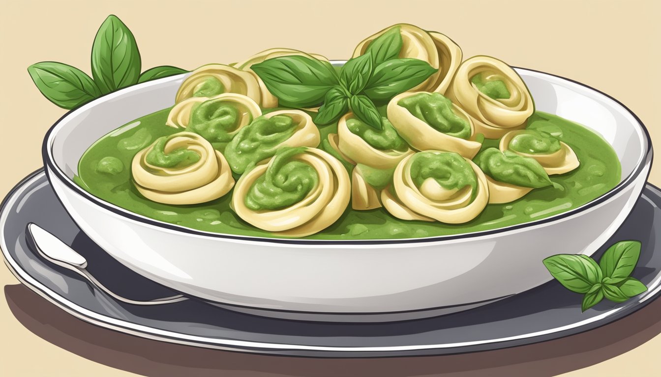 A plate of pesto tortellini with vibrant green sauce and garnished with fresh basil leaves