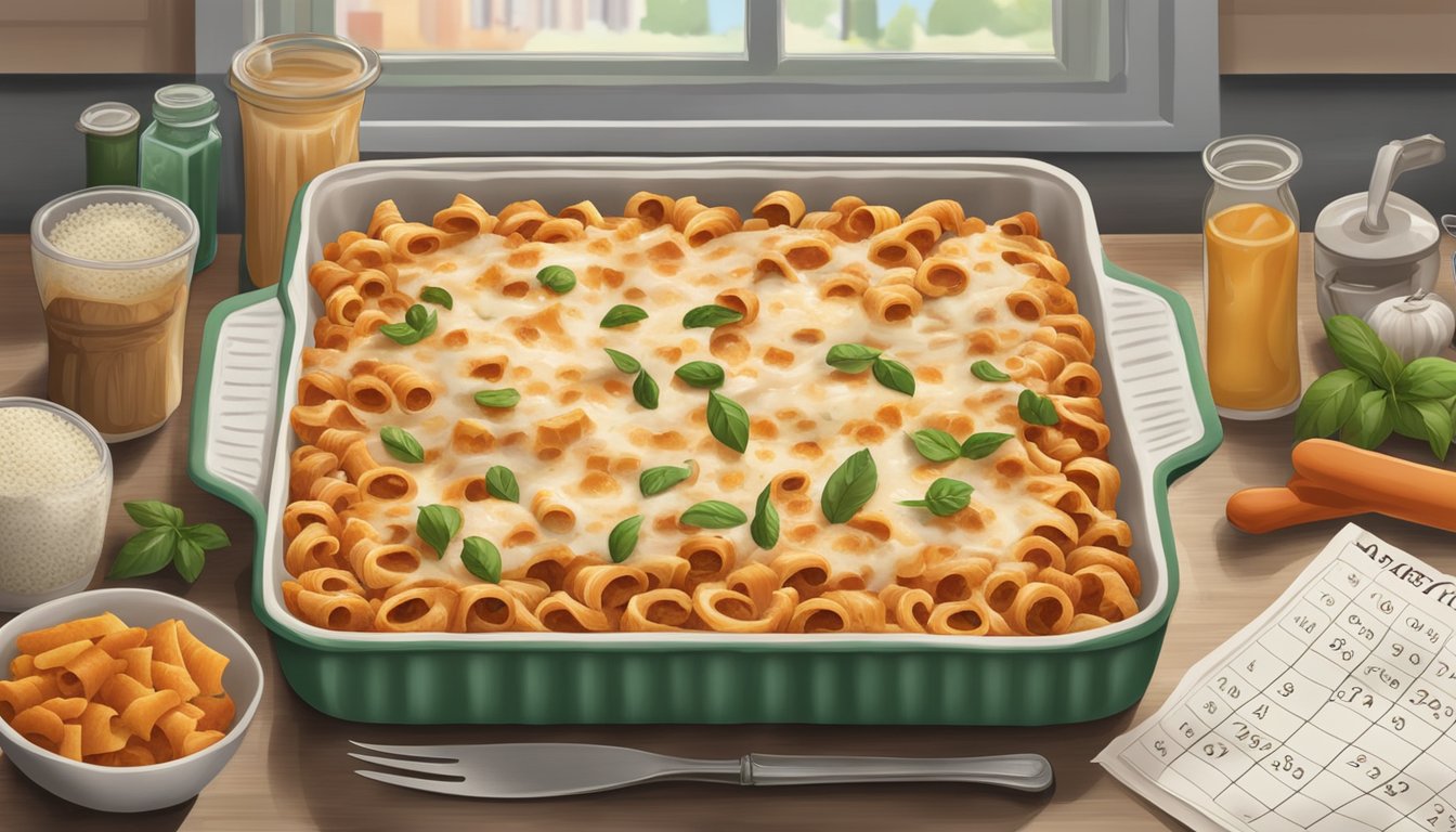 A tray of baked ziti sits on a kitchen counter, surrounded by scattered ingredients and a calendar with the date circled. Mold begins to form on the edges of the dish