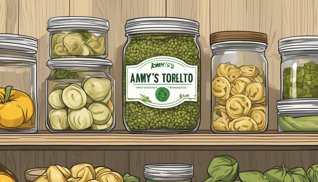 A jar of Amy's pesto tortellini sits on a shelf, surrounded by other food items. The label indicates the expiration date