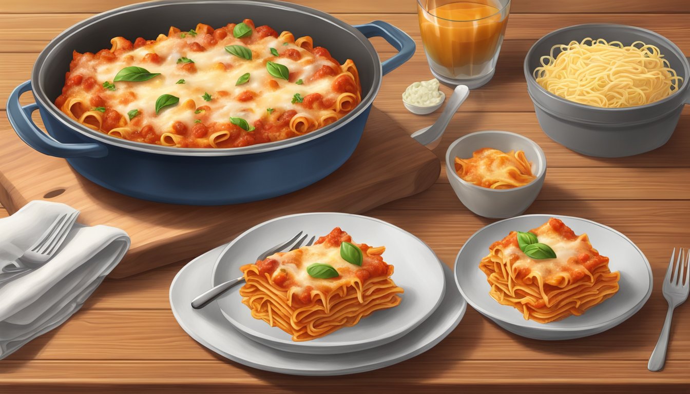 A steaming dish of baked ziti sits on a wooden table, surrounded by melting cheese and bubbling tomato sauce