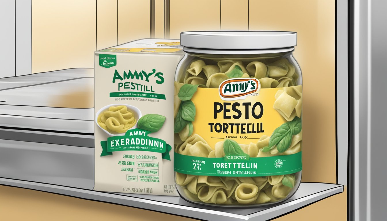 A package of Amy's pesto tortellini sits in a refrigerator next to a labeled expiration date