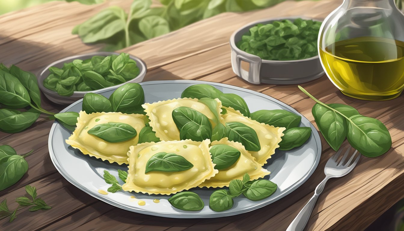 A plate of spinach ravioli sits on a rustic wooden table, surrounded by fresh herbs and a drizzle of olive oil