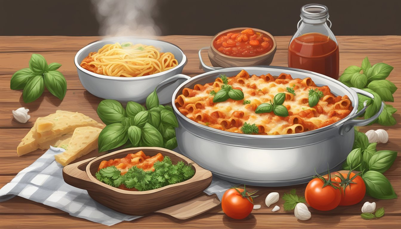 A steaming dish of baked ziti sits on a rustic wooden table, surrounded by fresh herbs and a bubbling tomato sauce