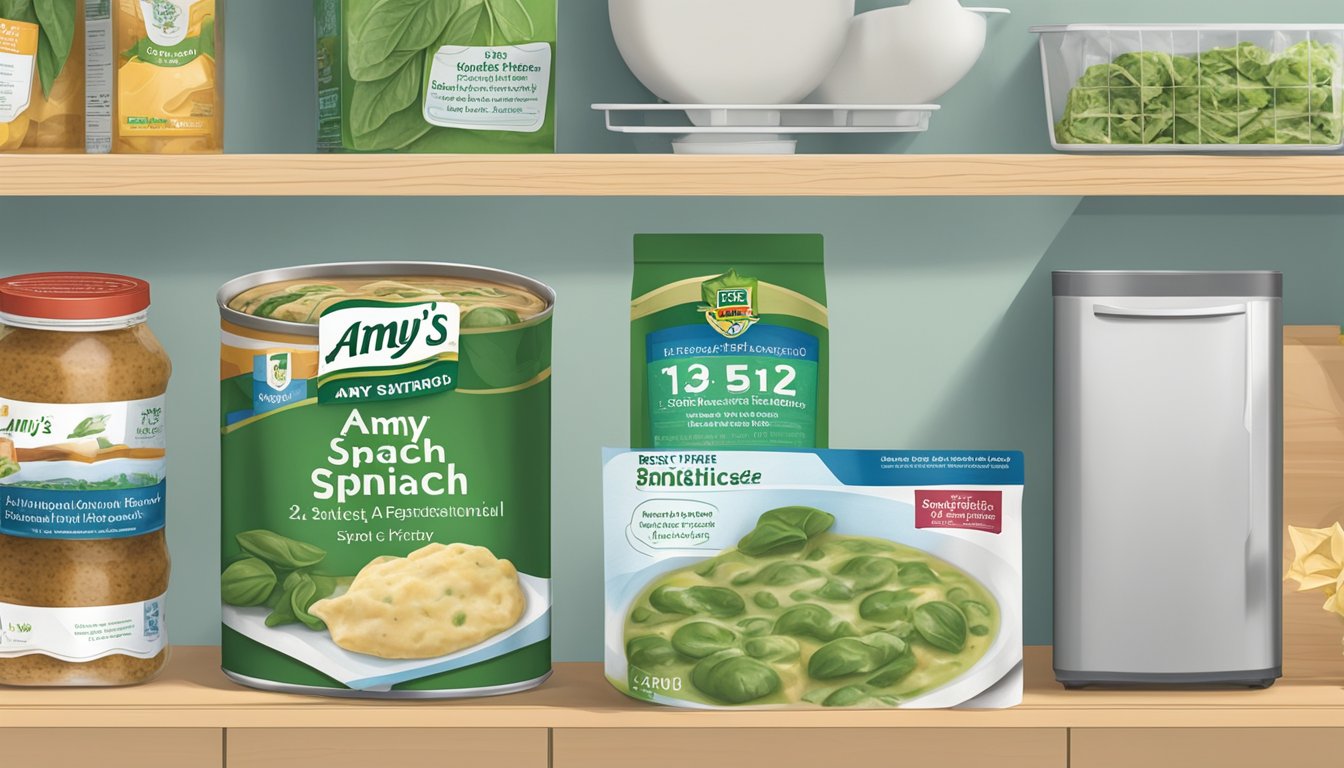 A package of Amy's spinach ravioli sits on a pantry shelf, with a "Best By" date clearly visible. Nearby, a refrigerator door displays a magnetized chart of food storage guidelines