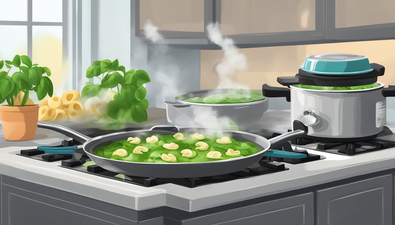 A pot of pesto tortellini sits on a stove, steam rising from the bubbling water. A timer on the counter shows the remaining cook time