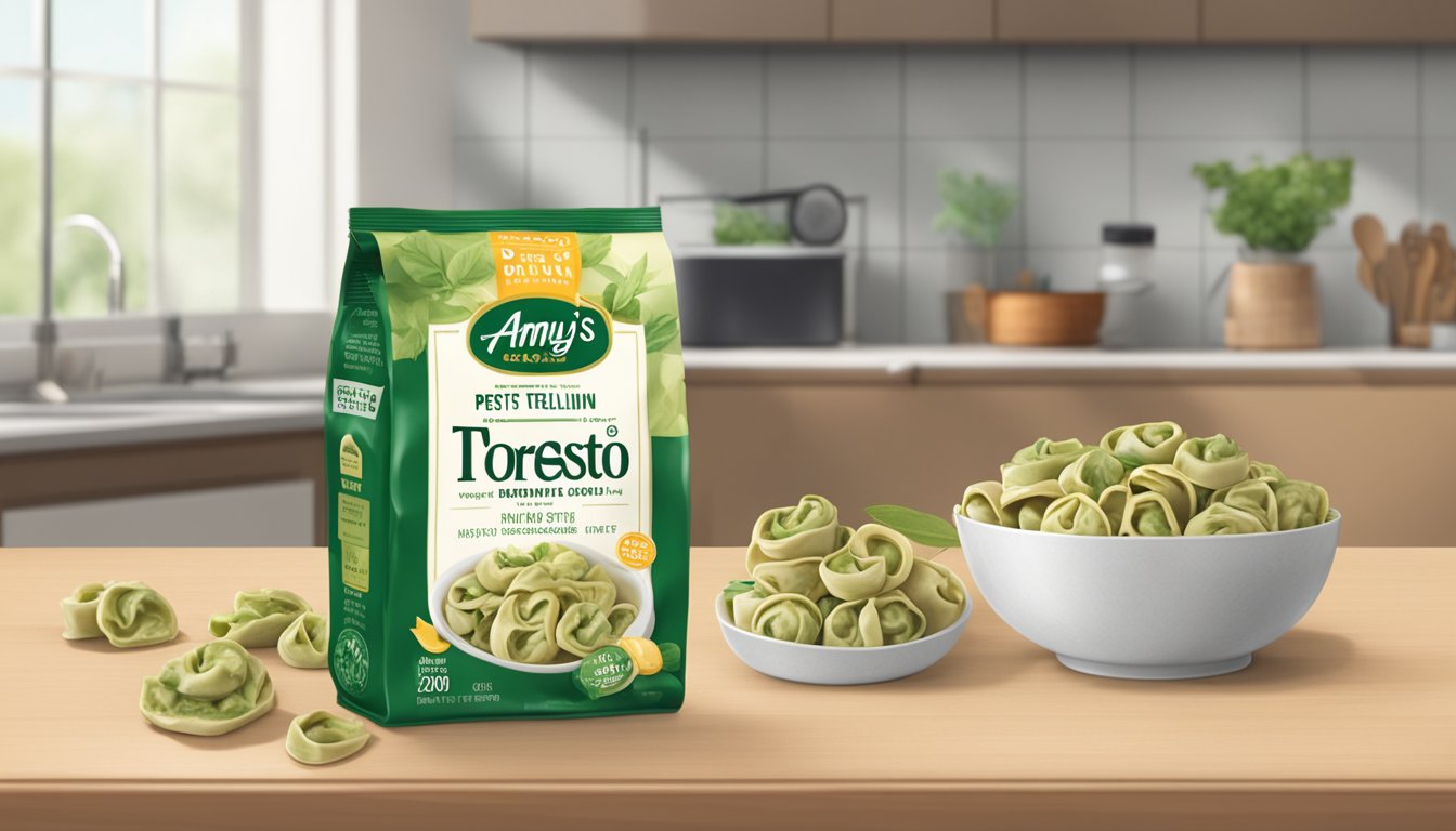 A bowl of Amy's pesto tortellini sits on a kitchen counter next to the packaging, with a visible expiration date