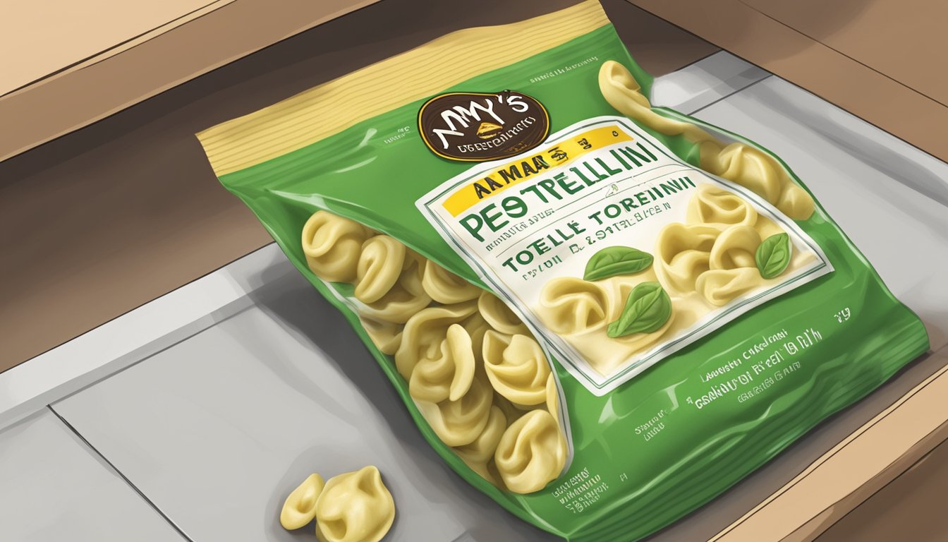 A package of Amy's pesto tortellini sits unopened on a pantry shelf, with the expiration date clearly visible on the food labeling