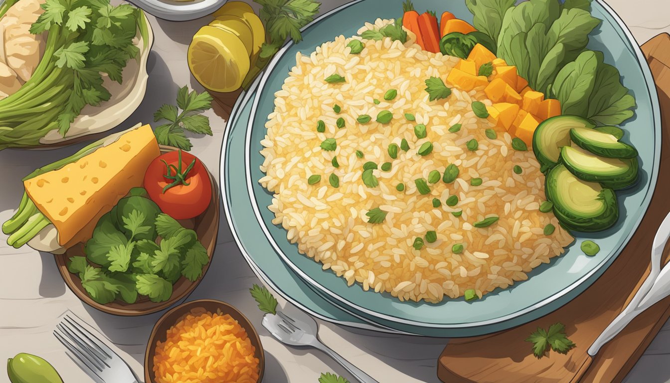 A steaming plate of cheesy rice and chicken sits on a table, surrounded by colorful vegetables and herbs