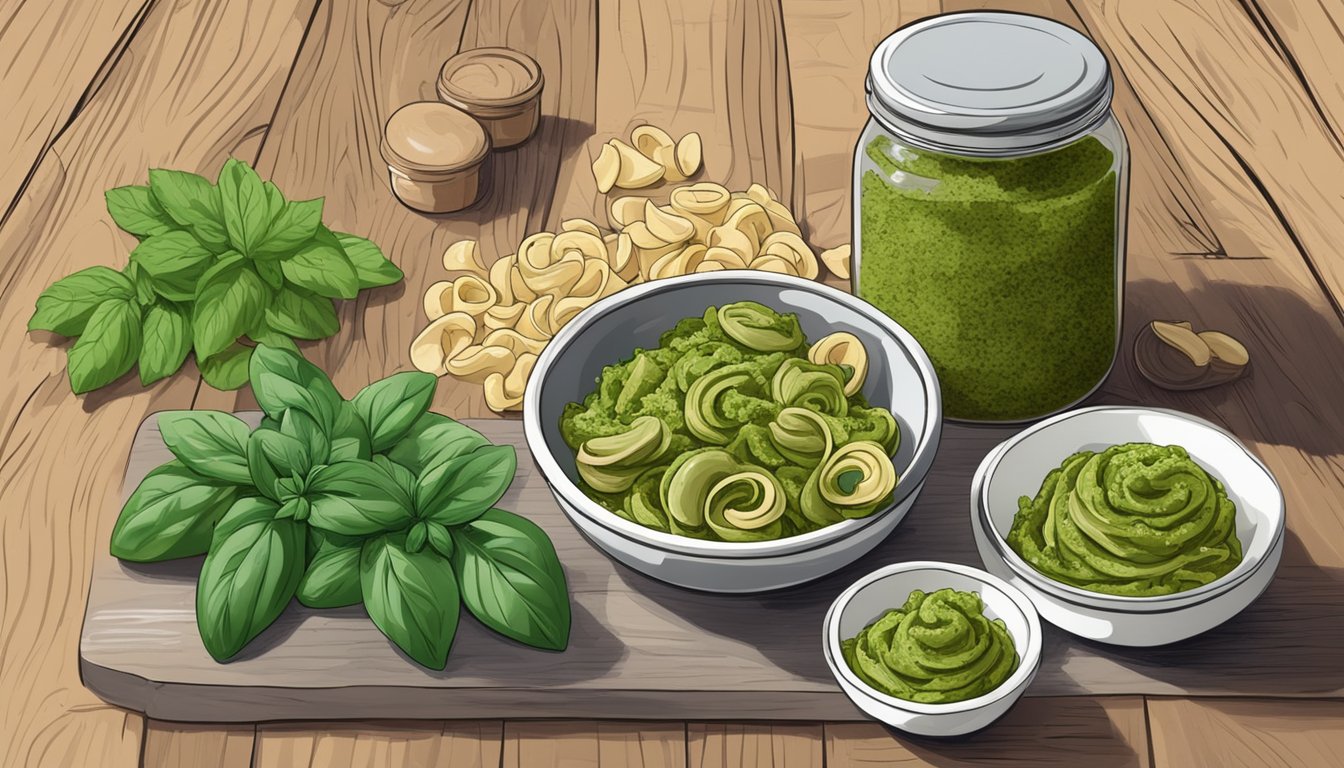 A bowl of pesto tortellini sits on a wooden table, surrounded by fresh herbs and a jar of pesto. The pasta appears to be freshly made and ready to be enjoyed