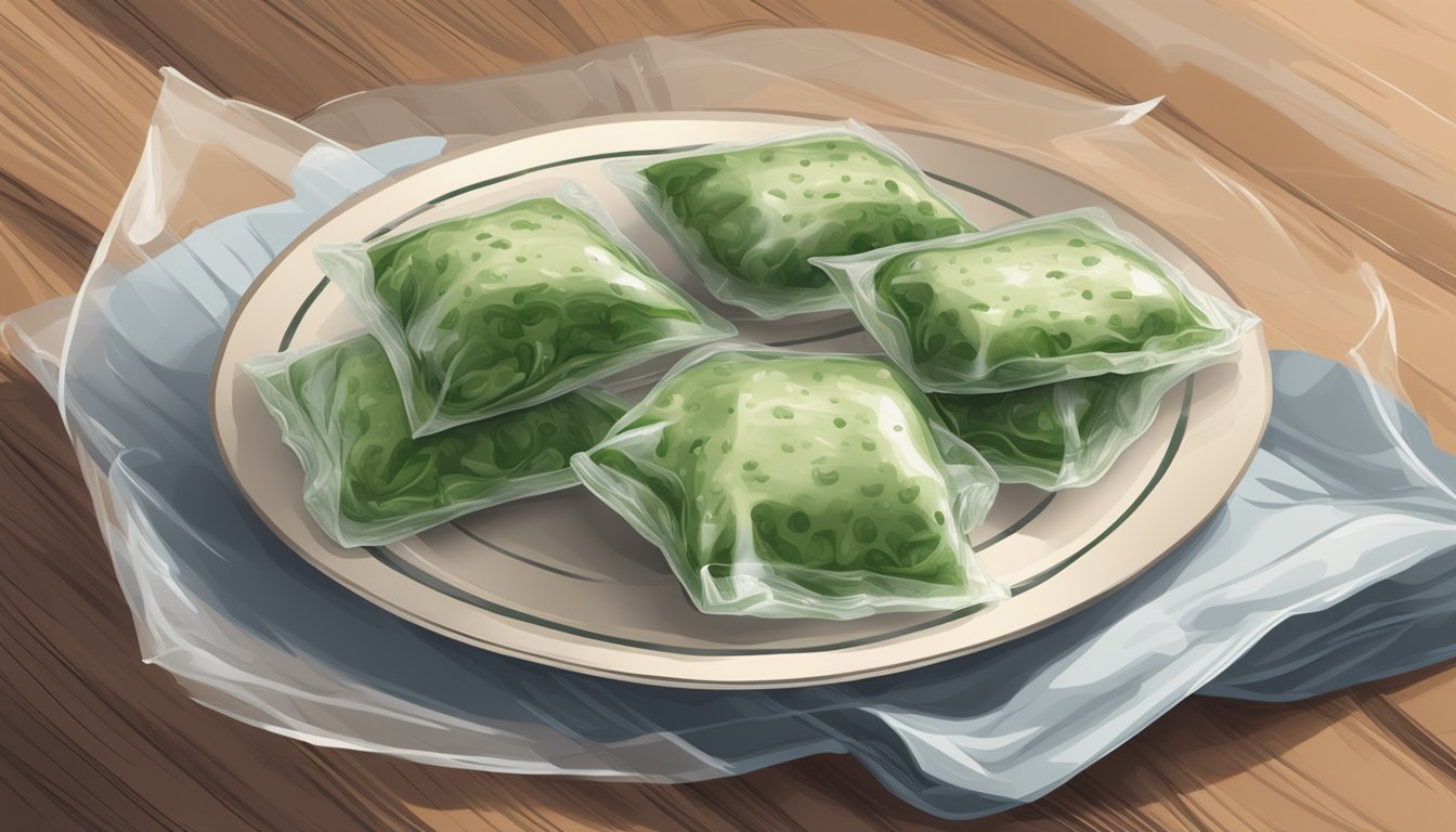 A plate of spinach ravioli sits on a kitchen counter, covered with plastic wrap. The expiration date is visible on the packaging