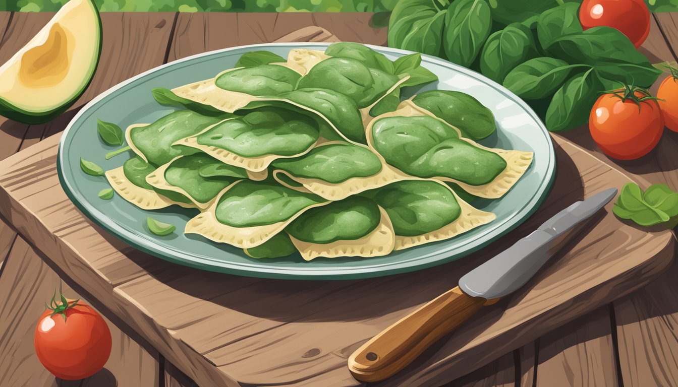 A plate of Amy's spinach ravioli sits on a rustic wooden table, surrounded by vibrant green spinach leaves and ripe tomatoes