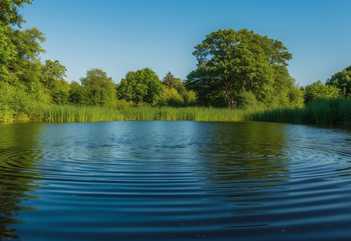 A serene pond surrounded by lush greenery under a clear blue sky, with gentle ripples on the water's surface as it slowly evaporates