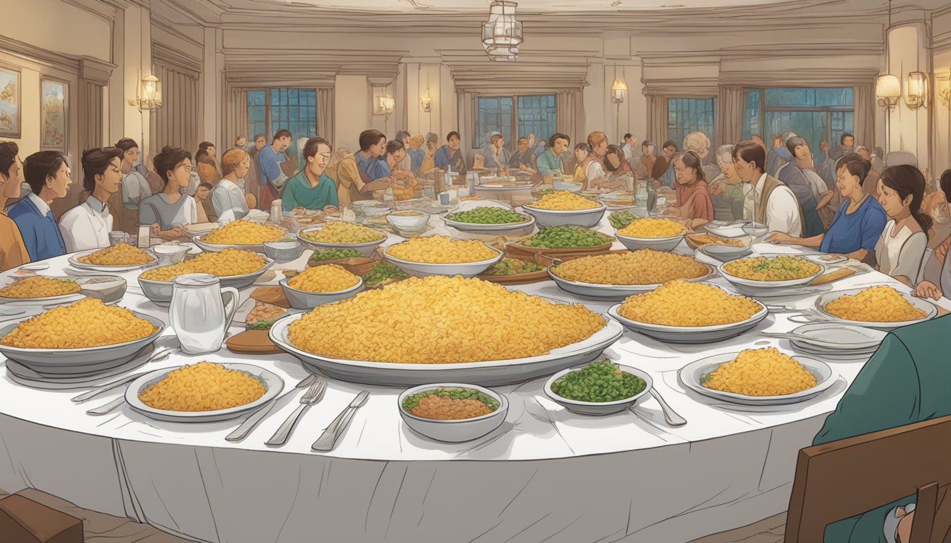 A steaming bowl of cheesy rice chicken sits on a banquet table, surrounded by empty plates and eager diners