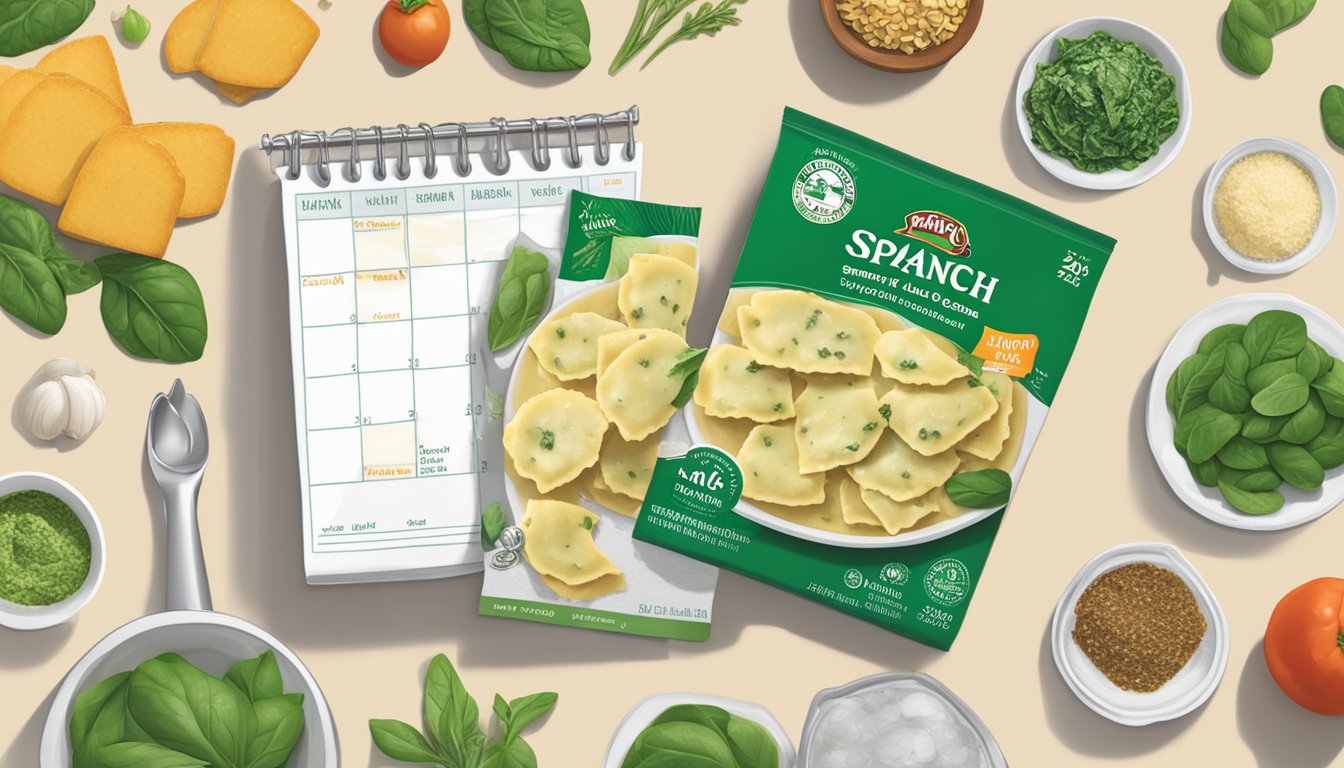 A package of Amy's spinach ravioli sits on a kitchen counter, surrounded by fresh ingredients and a calendar indicating the date of purchase