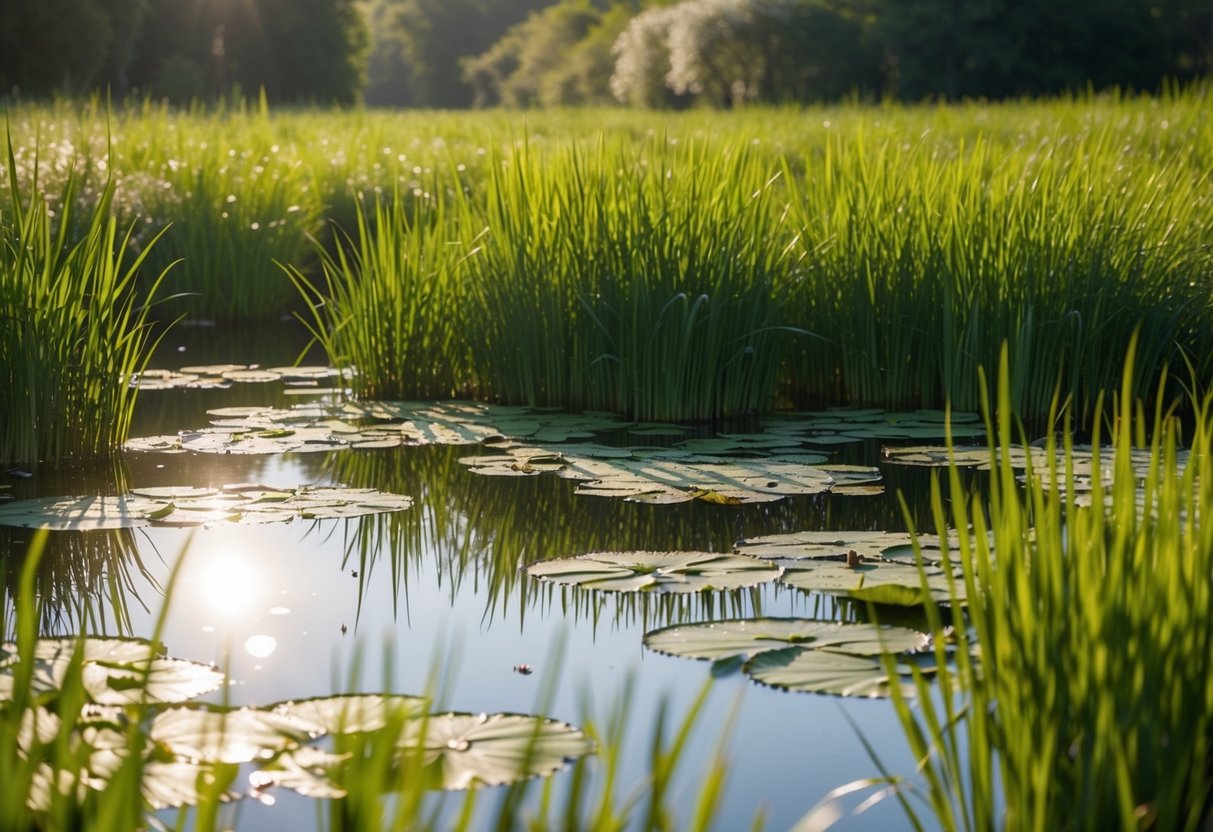 A tranquil pond surrounded by tall grass and lily pads, with sunlight reflecting off the water's surface