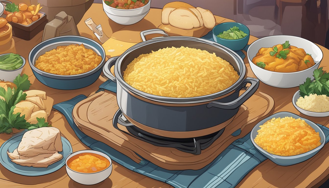 A steaming pot of cheesy rice and chicken sits on a banquet table, surrounded by colorful ingredients