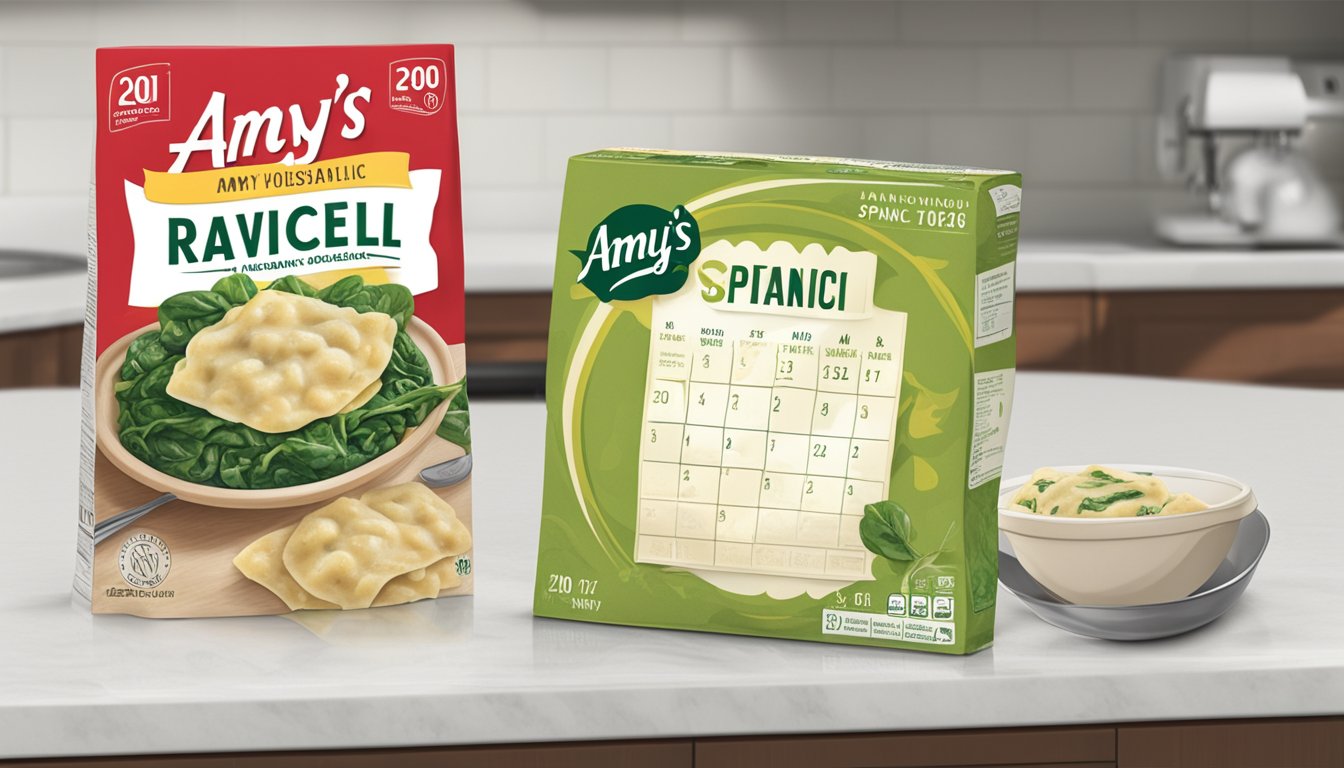 A package of Amy's spinach ravioli sits on a kitchen countertop, next to a calendar showing the current date. The package is unopened and appears to be in good condition