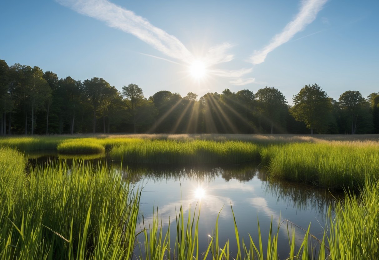 A serene pond surrounded by tall grass and trees under a bright sun with a few wispy clouds in the sky