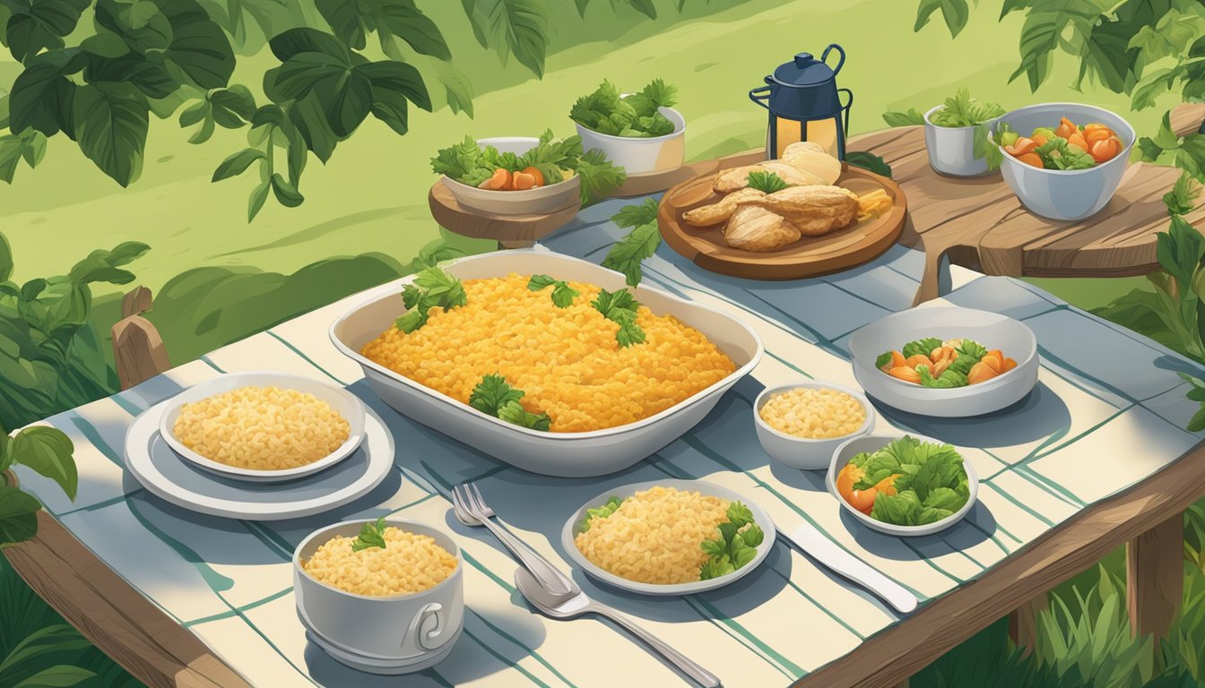 A picnic table with empty plates and a single serving dish of banquet cheesy rice chicken, surrounded by lush greenery and wildlife