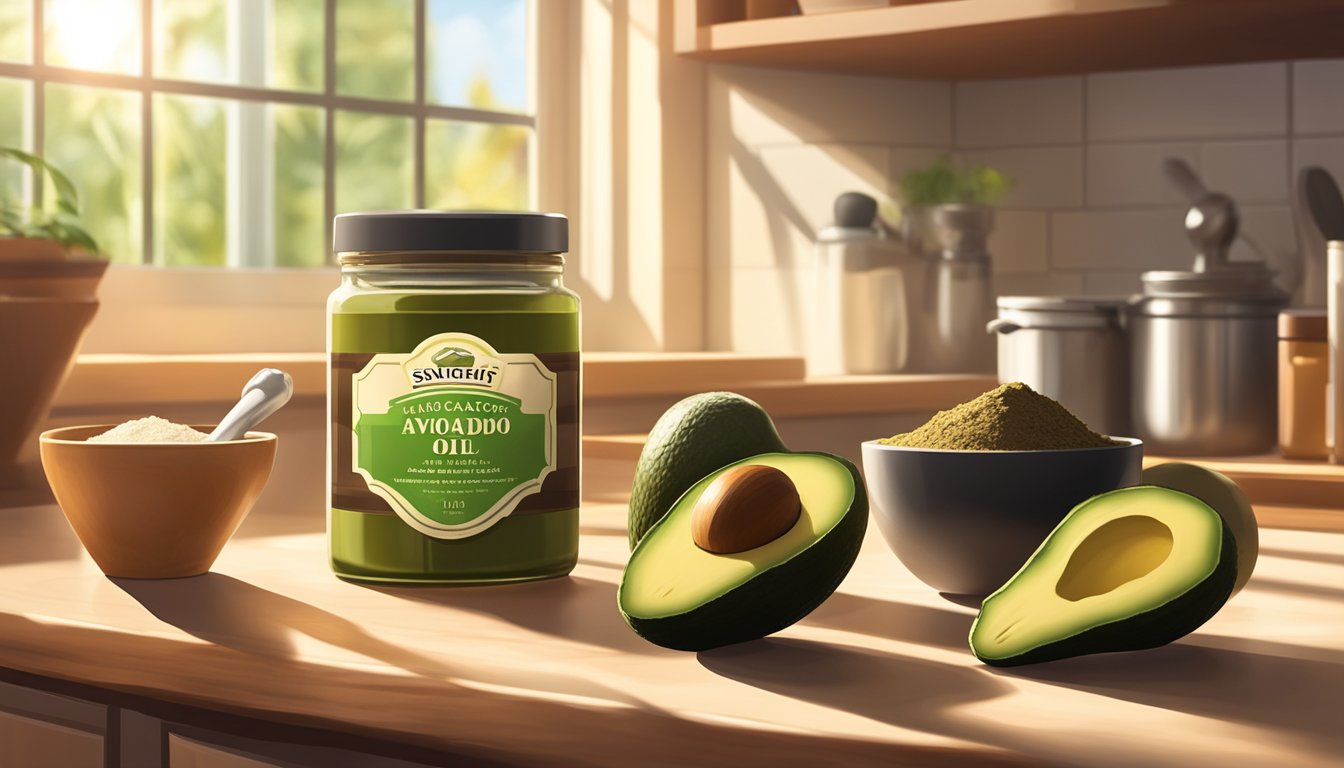 A jar of avocado oil powder sits on a kitchen counter next to a pile of fresh avocados and a mortar and pestle. Sunlight streams in through the window, casting a warm glow on the scene