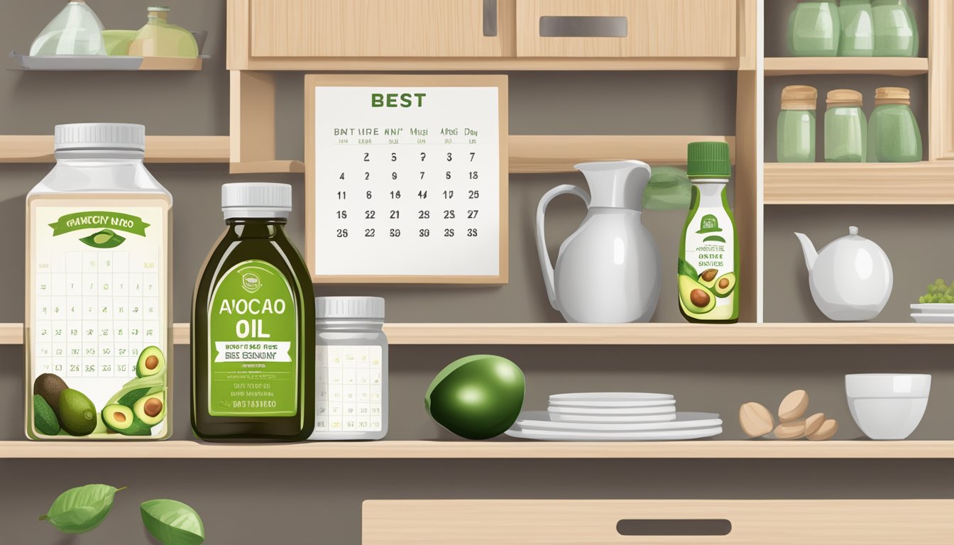 A sealed container of avocado oil powder on a kitchen shelf, with a calendar showing the current date and a "best by" date circled in red