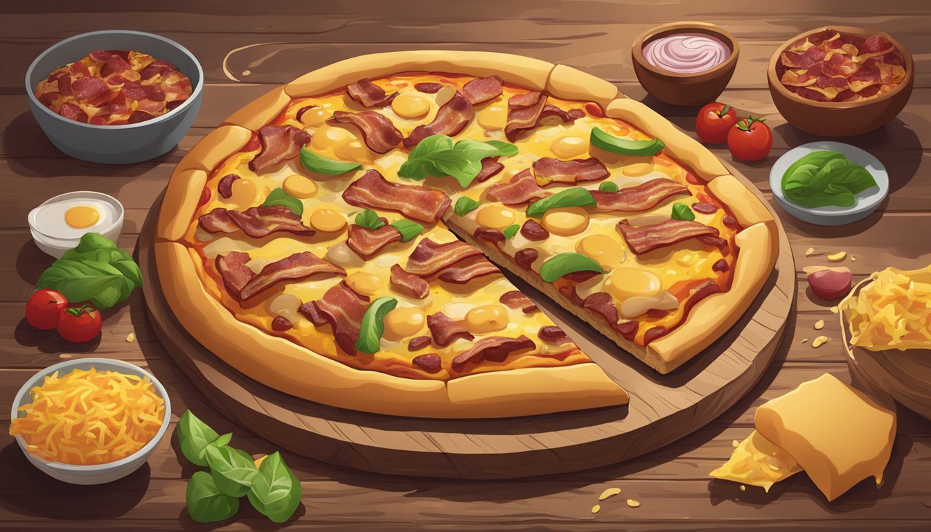 A bacon cheeseburger pizza sits on a wooden table, surrounded by scattered ingredients. The pizza looks freshly baked with melted cheese and crispy bacon on top