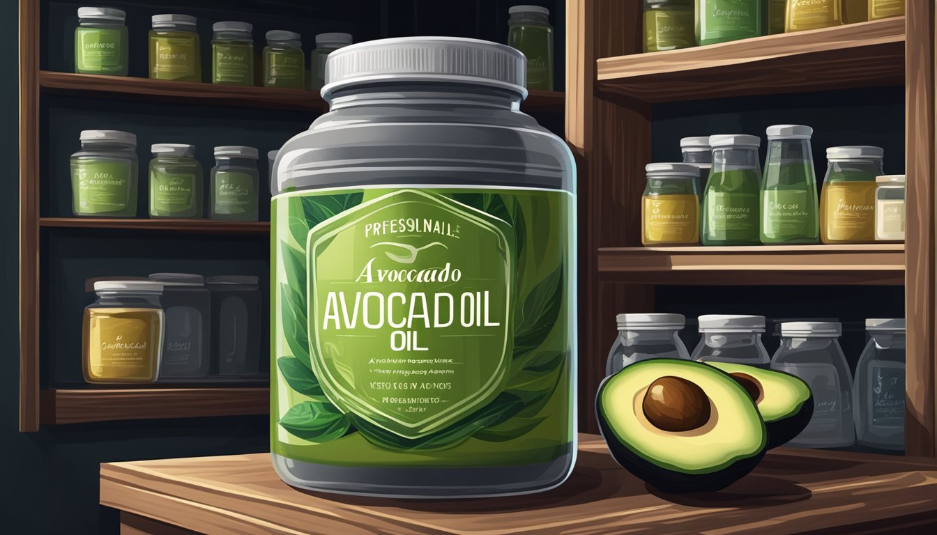 A sealed container of avocado oil powder sits on a shelf in a cool, dark pantry, away from direct sunlight and heat sources