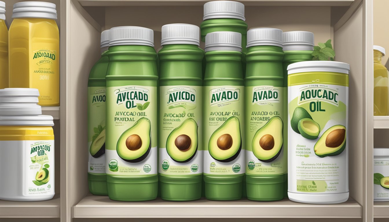 A sealed container of avocado oil powder sits on a pantry shelf, with a best-by date clearly visible