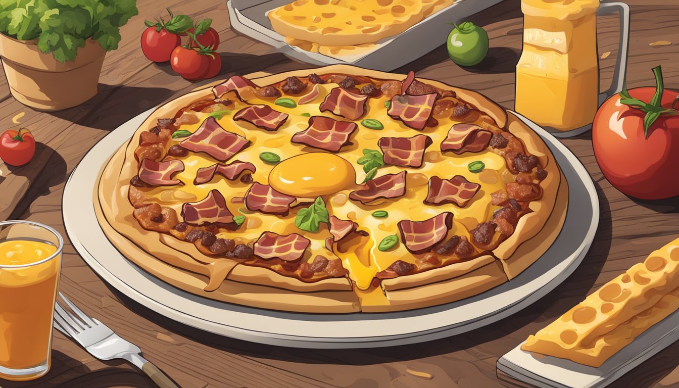 A bacon cheeseburger pizza sits on a plate, covered in melted cheese and crispy bacon, with a slice missing. The pizza is surrounded by a variety of fresh ingredients