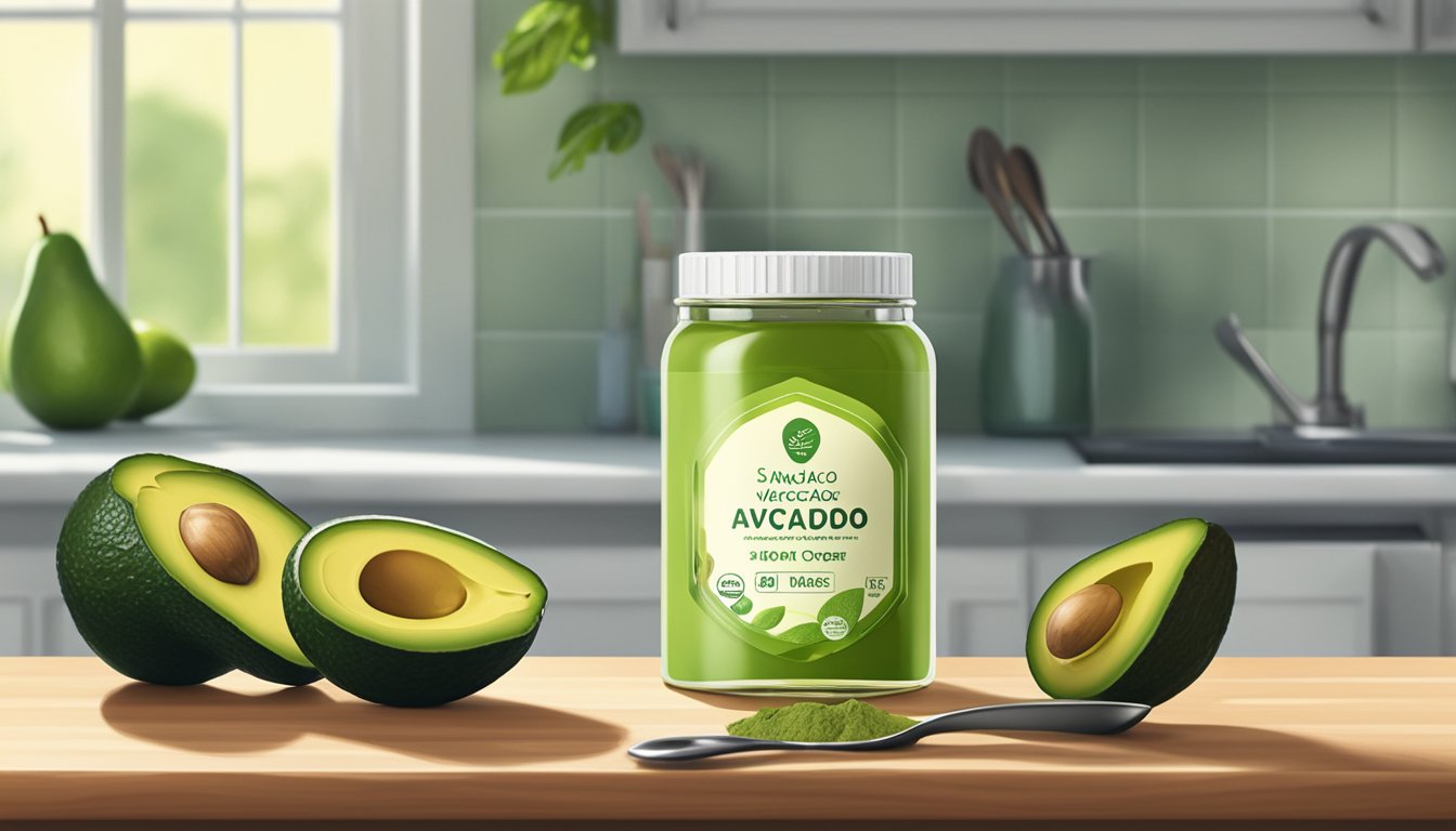 A small jar of avocado oil powder sits on a kitchen counter, next to a ripe avocado and a measuring spoon. The soft natural light from the window highlights the vibrant green color of the avocado oil powder