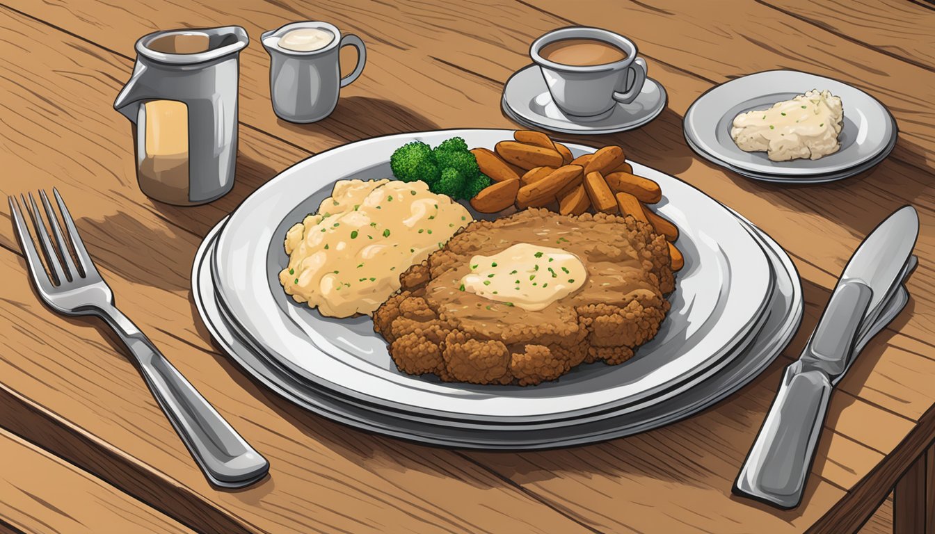 A banquet chicken fried steak meal sits on a plate with sides, a fork, and a napkin on a wooden table