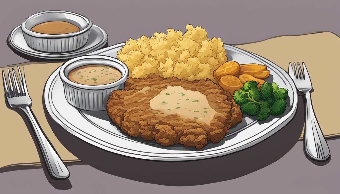 A plate of banquet chicken fried steak meal with expiration date