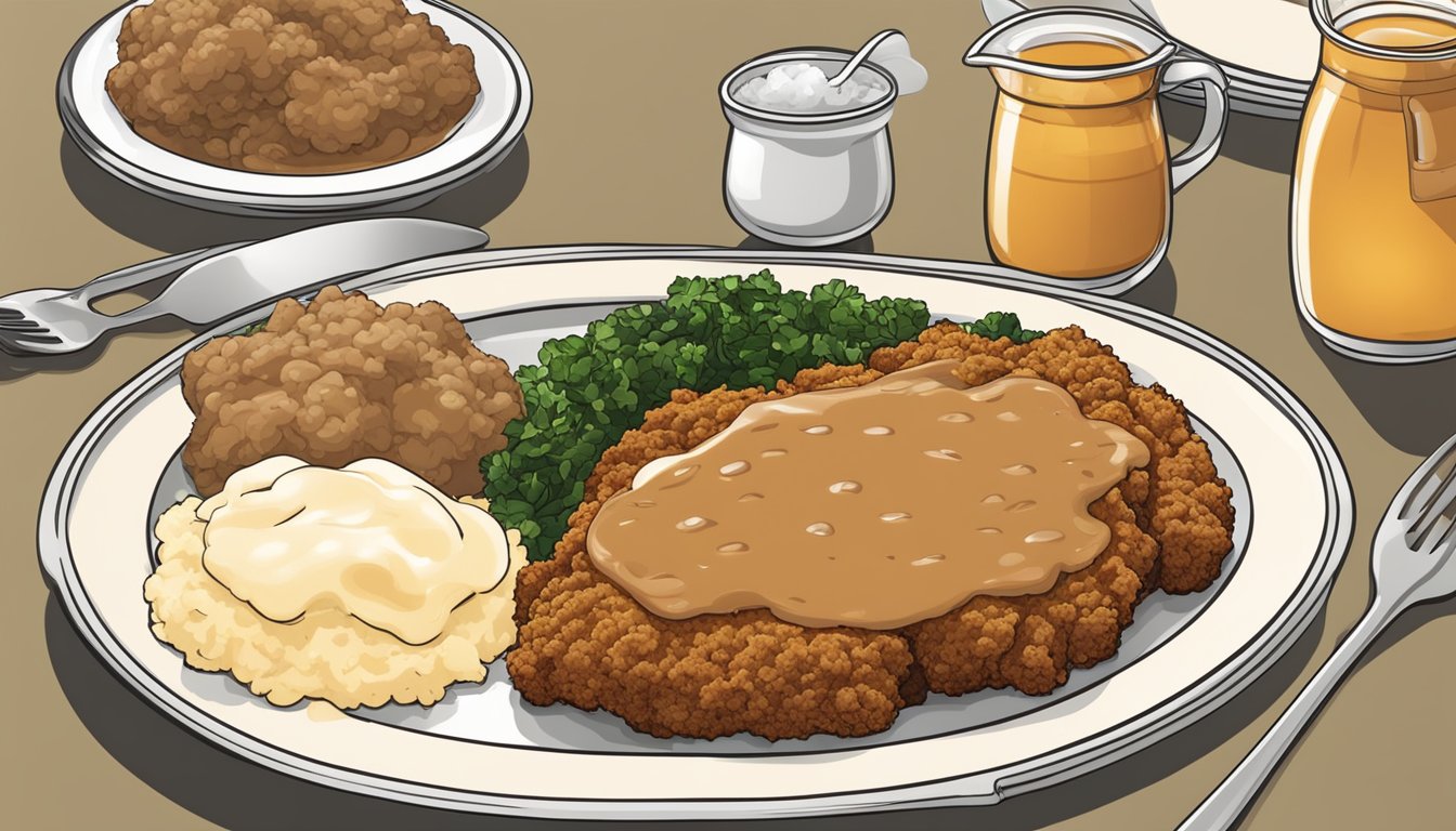 A sizzling chicken fried steak meal in a banquet tray with steaming mashed potatoes and gravy on the side