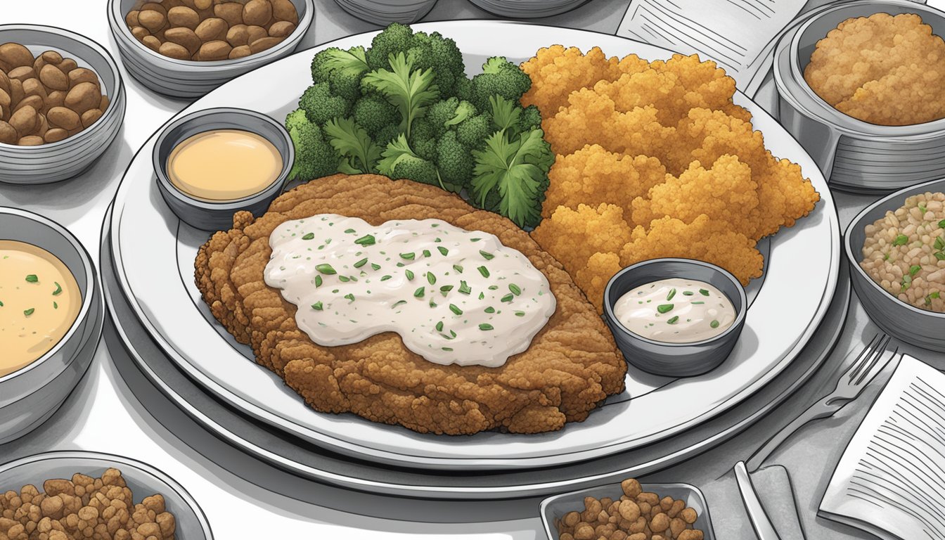 A banquet chicken fried steak meal sits on a plate, surrounded by a variety of allergen information labels