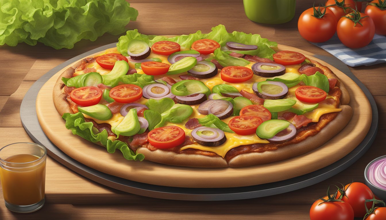 A sizzling bacon cheeseburger pizza sits on a rustic wooden serving board, surrounded by vibrant lettuce, tomatoes, and pickles