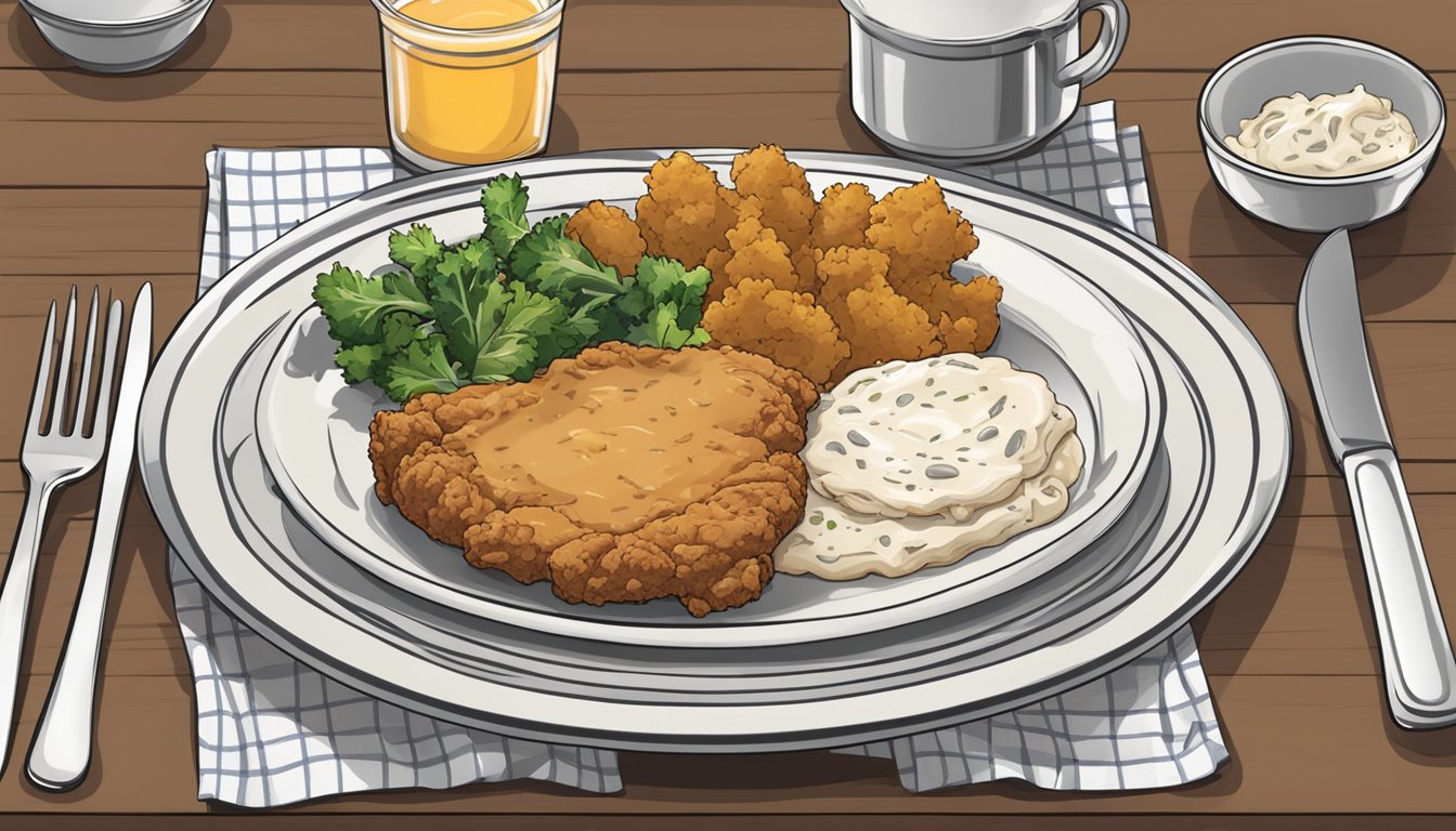 A plate of banquet chicken fried steak meal sits on a table, surrounded by utensils and a napkin. The meal appears fresh and ready to be enjoyed