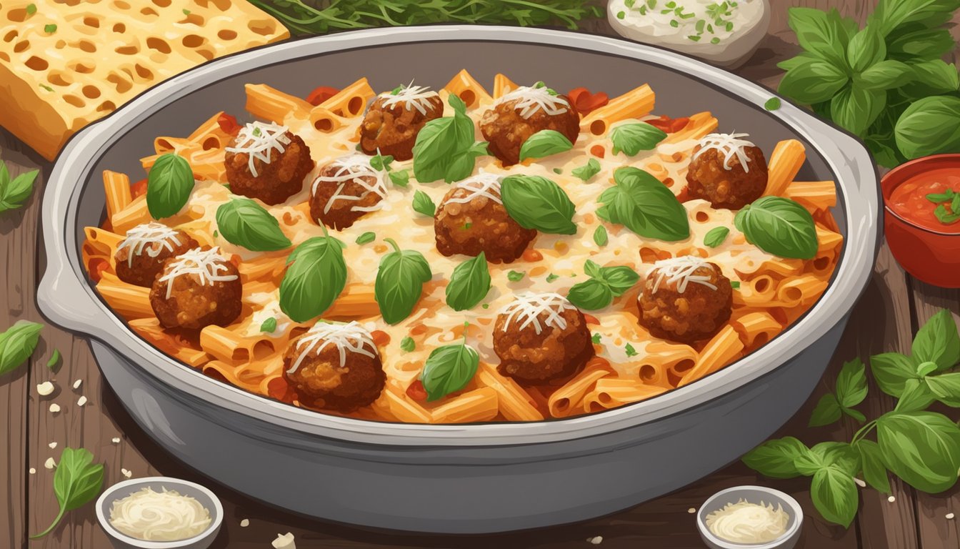 A steaming dish of baked ziti with meatballs sits on a rustic wooden table, surrounded by fresh herbs and a scattering of grated cheese