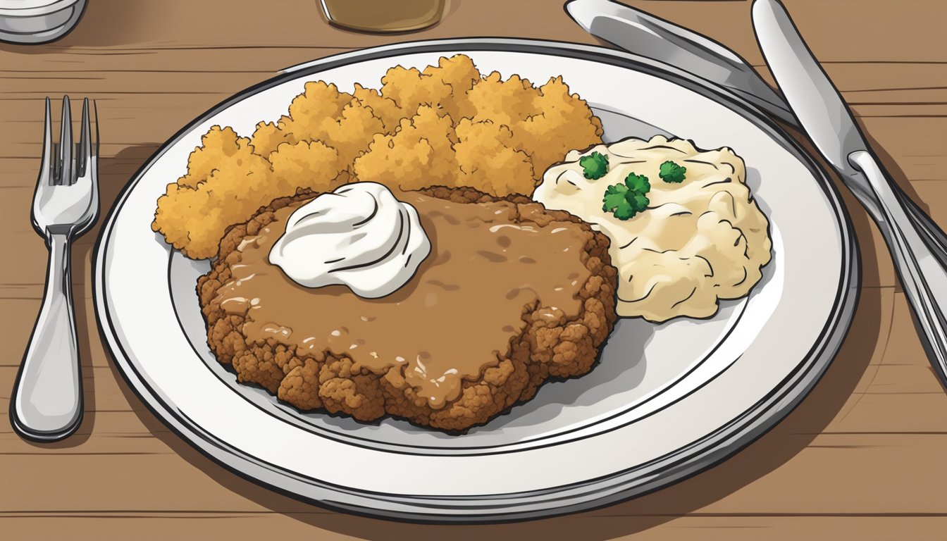 A banquet chicken fried steak meal sits on a plate, surrounded by mashed potatoes and gravy. A fork is positioned next to the meal