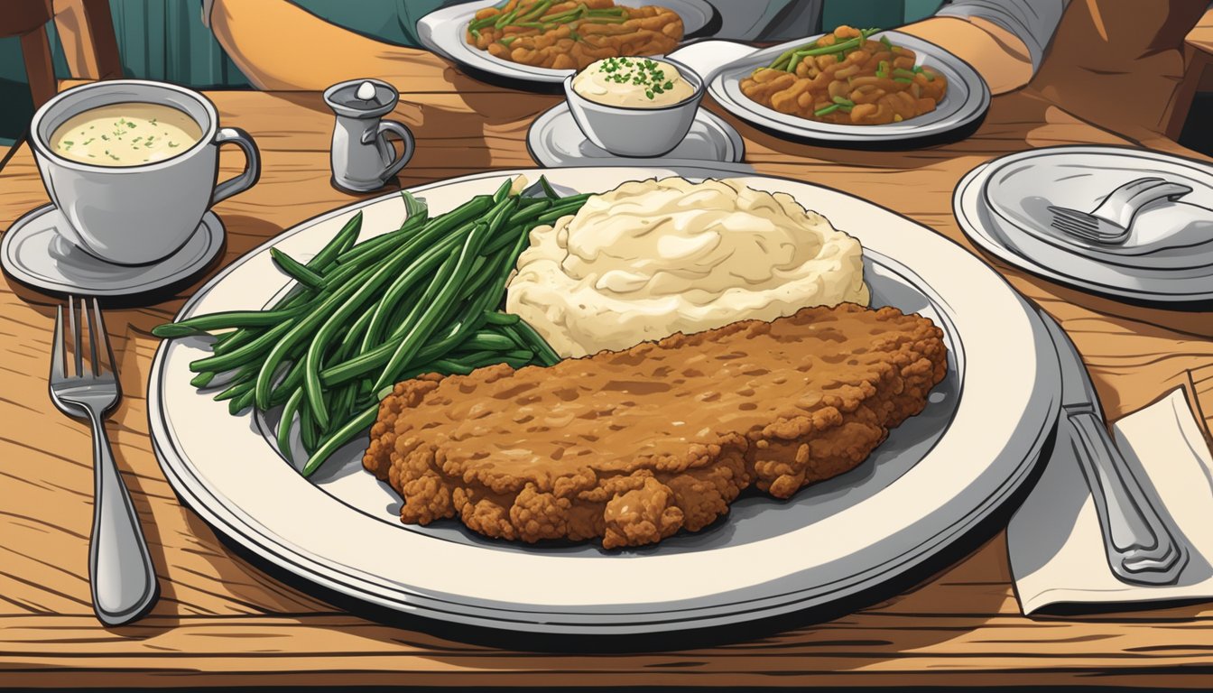 A sizzling plate of chicken fried steak, creamy mashed potatoes, and buttery green beans, surrounded by a warm and inviting dining table