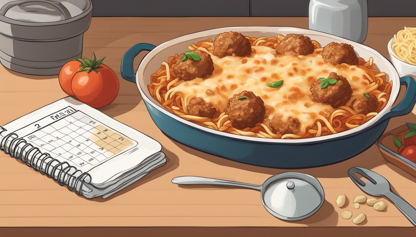 A steaming dish of baked ziti with meatballs sits on a kitchen counter next to a calendar, with a clock on the wall ticking away