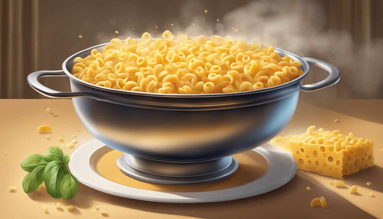 A large pot of cheesy macaroni sits on a banquet table, covered in a golden-brown crust. Steam rises from the dish, indicating its freshness