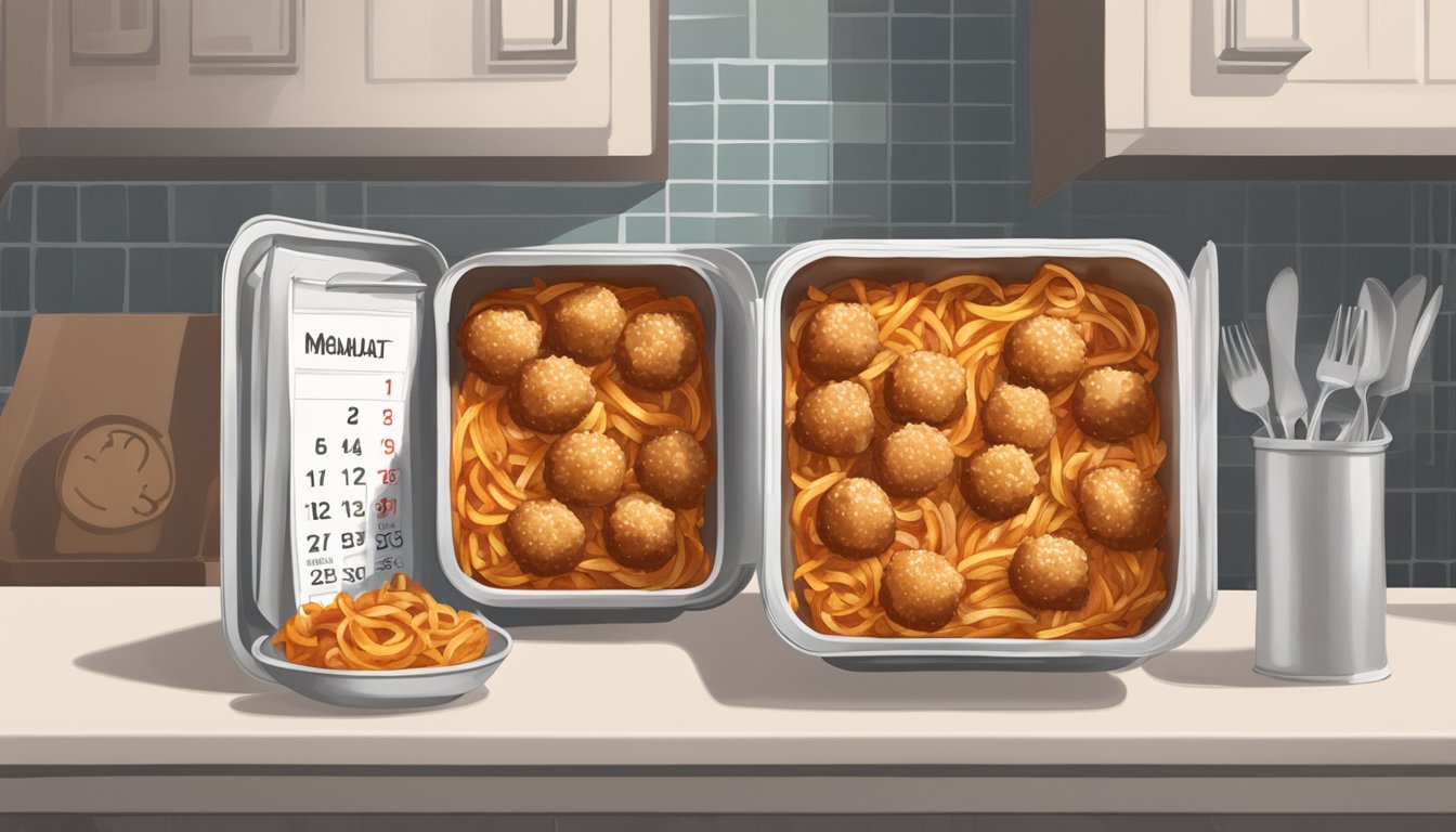 A container of baked ziti with meatballs sits in the fridge, covered with foil. A calendar on the wall shows the date it was made