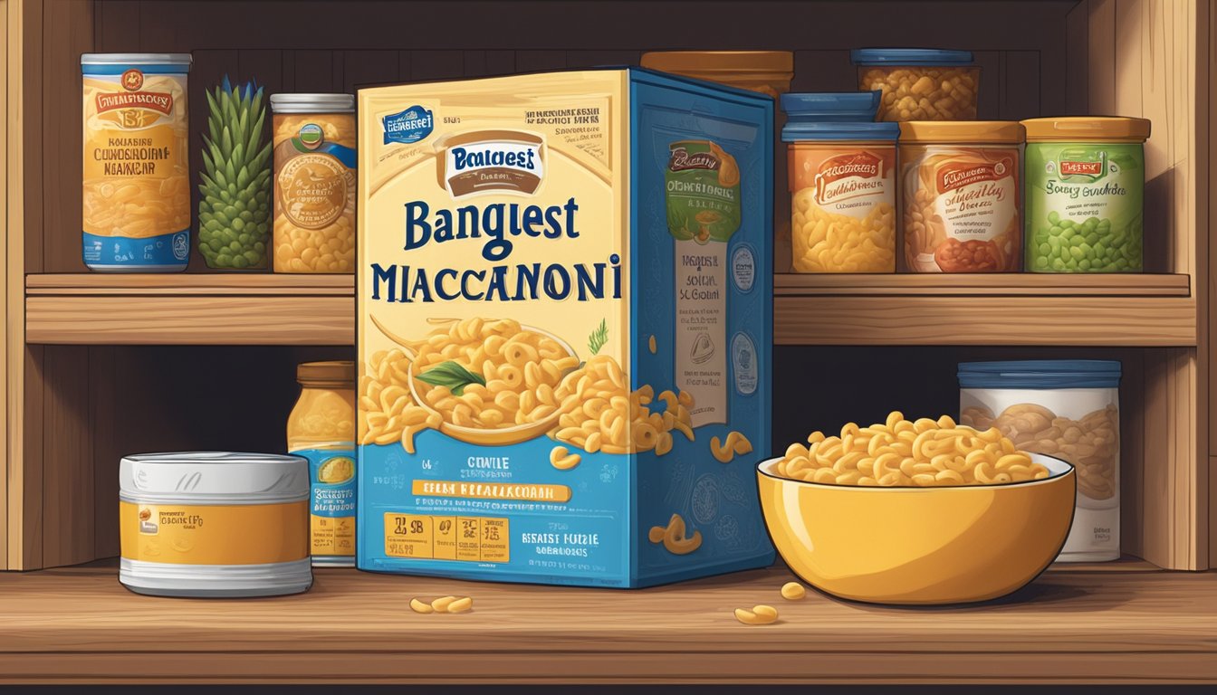 A box of Banquet Cheesy Macaroni sits on a pantry shelf, surrounded by other food items. The expiration date is clearly printed on the bottom of the box