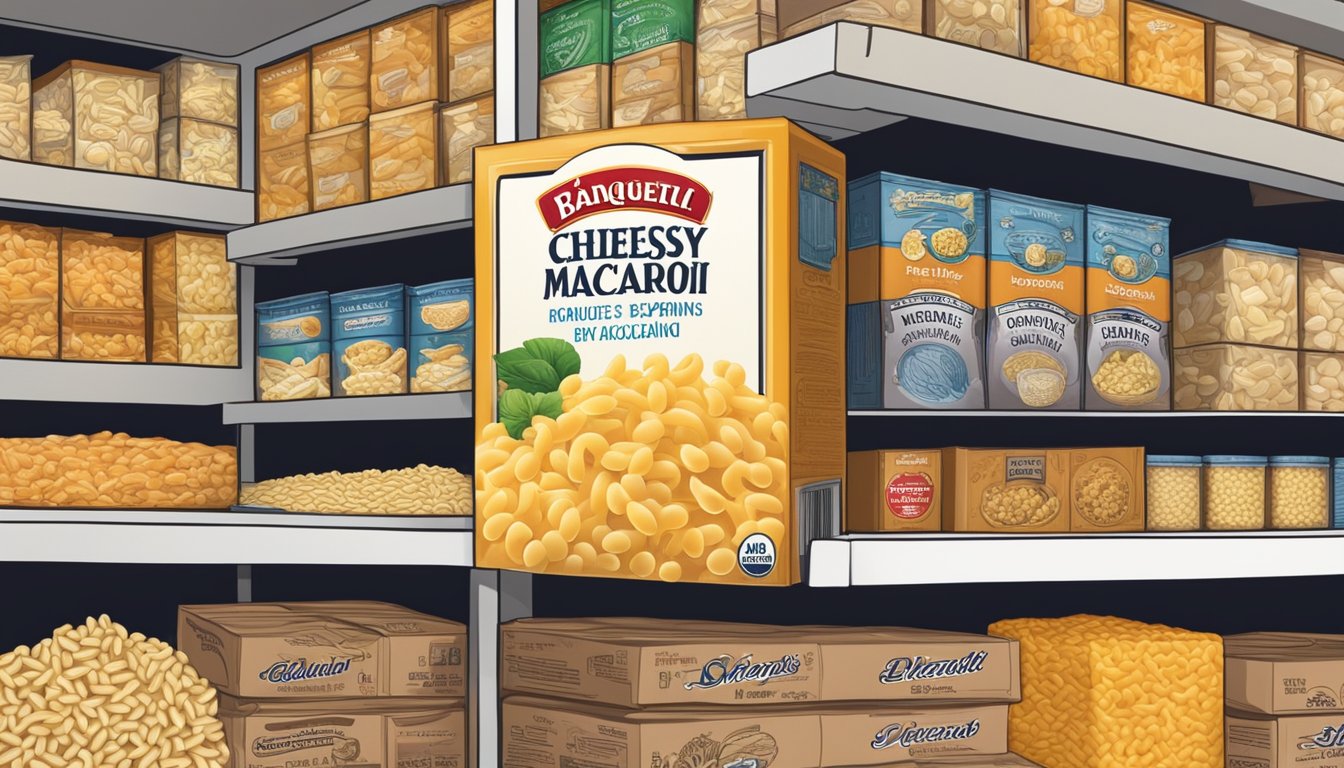 A box of Banquet Cheesy Macaroni sits on a pantry shelf, surrounded by other dry goods. The expiration date is visible on the packaging