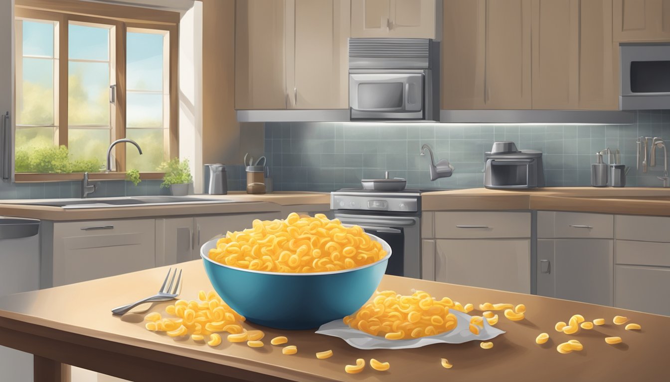 A bowl of cheesy macaroni sits on a kitchen table, covered with plastic wrap. The clock on the wall shows the passing of time