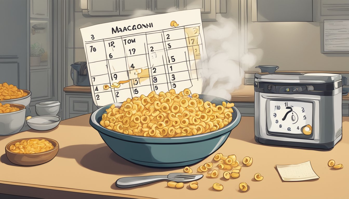 A steaming bowl of cheesy macaroni sits on a kitchen counter, surrounded by a calendar and a clock, with a question mark hovering above it