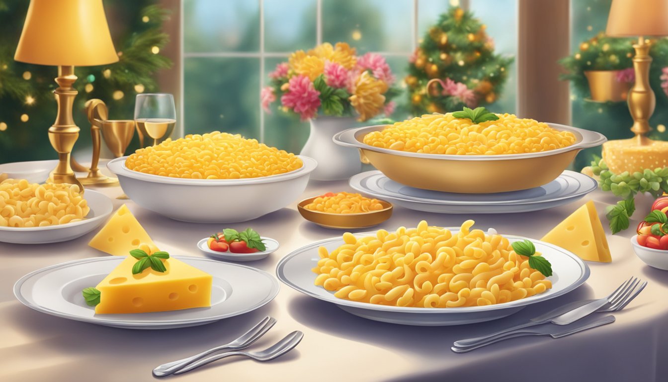 A steaming dish of cheesy macaroni sits on a banquet table, surrounded by colorful decorations and elegant place settings